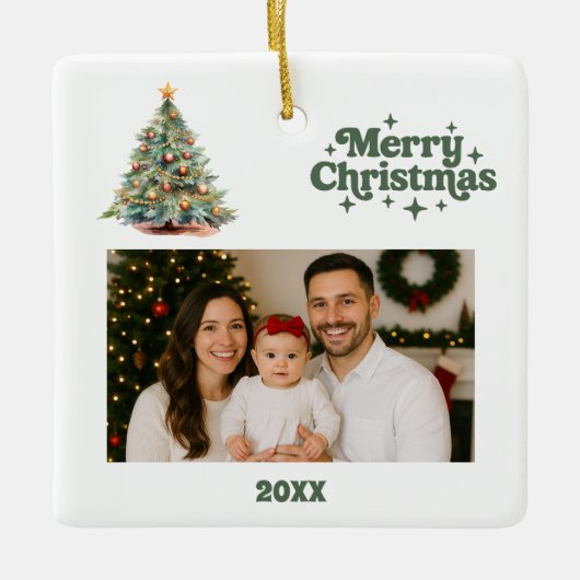 Kerstboom groen wit foto keramisch ornament (Voorkant)