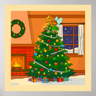 KERSTBOOM HELDERE CARTOONKLEUREN POSTER