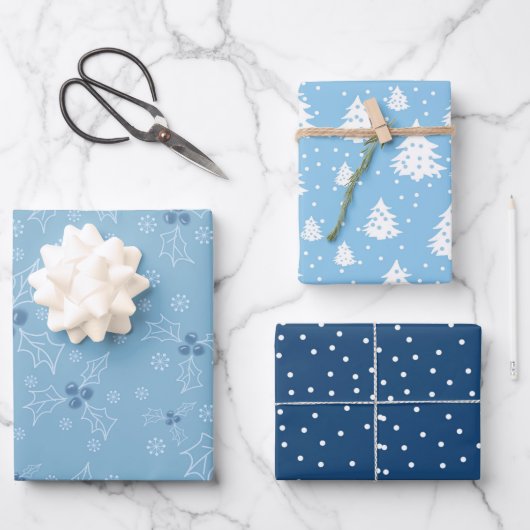 Kerstboom Holly Blue White Patroon Inpakpapier Vel (Voorkant)