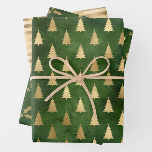 Kerstboom Holly Pattern Green Gold Inpakpapier Vel (In situ)