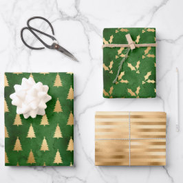 Kerstboom Holly Pattern Green Gold Inpakpapier Vel