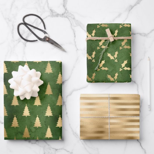 Kerstboom Holly Pattern Green Gold Inpakpapier Vel (Voorkant)