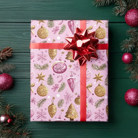 Kerstboom Hot Pink Gold Vakantie Cadeaupapier