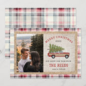 Kerstboom hout wagon auto foto Tartan Plaid Feestdagenkaart (Voorkant / Achterkant)