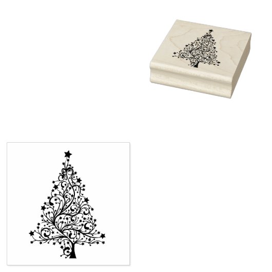 Kerstboom houten blok gemonteerde rubberen stempel (Gestempeld)