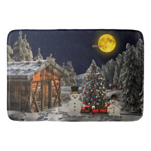Kerstboom Houten Cottage Sneeuwman Volle Maan Badmat