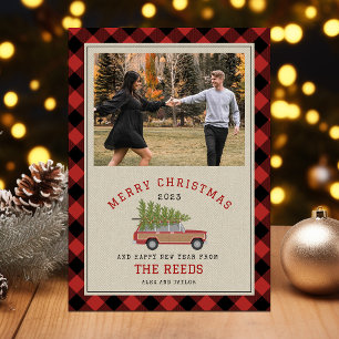 Kerstboom houten wagen SUV foto Plaid Tweed Feestdagenkaart