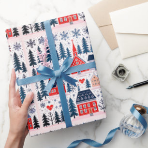 Kerstboom huis sneeuwvlokken cadeaupapier