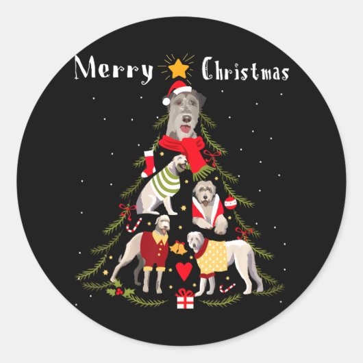 Kerstboom Ierse Wolfhound Lover Xmas Hond Ronde Sticker (Voorkant)