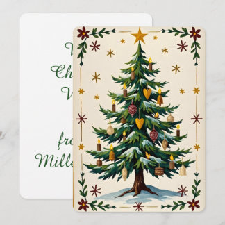 Kerstboom Illustratie in Vintage Folk Stijl Feestdagenkaart