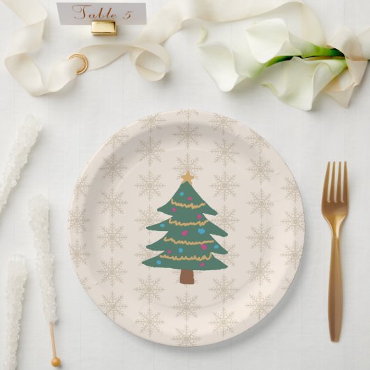 Kerstboom Illustratie Sneeuwvlok Patroon Papieren Bordje (Huwelijk)