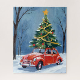 Kerstboom in antieke rode auto legpuzzel