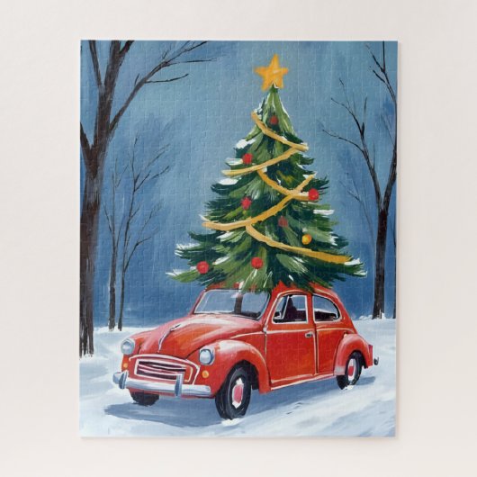 Kerstboom in antieke rode auto legpuzzel (Verticaal)