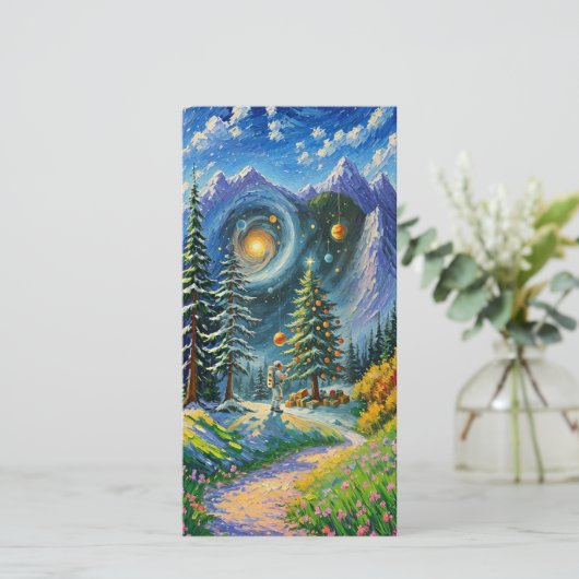 Kerstboom in de ruimte feestdagenkaart (Staand voorkant)