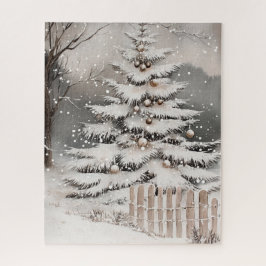 Kerstboom in de sneeuw in de winter legpuzzel
