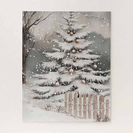Kerstboom in de sneeuw in de winter legpuzzel (Verticaal)