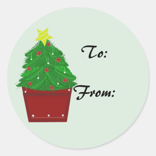 Kerstboom in een rode plantenbak cadeaubijsluiter ronde sticker (Voorkant)