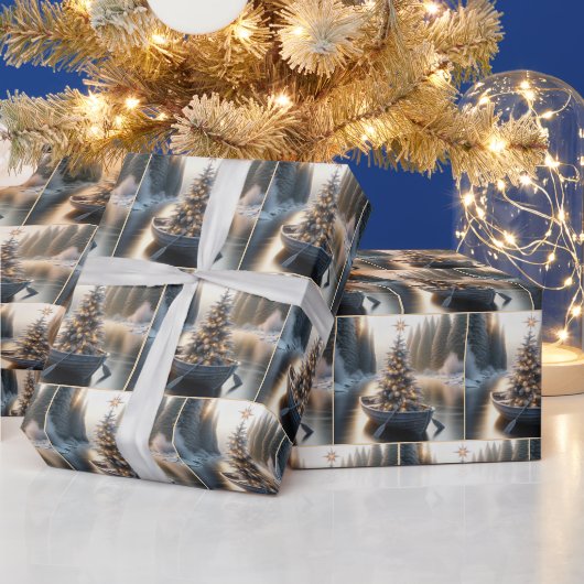 Kerstboom in een rustieke roeiboot cadeaupapier (Feestdagen)