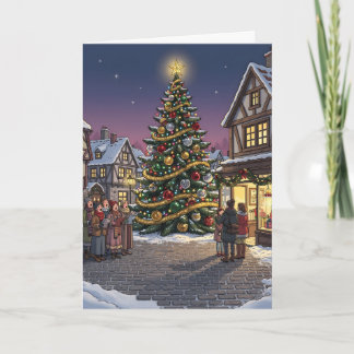 Kerstboom in het dorp en kerstliedjeszangers feestdagen kaart