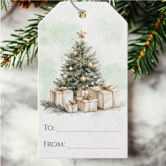 Kerstboom in landelijke aquarel stijl cadeaulabel