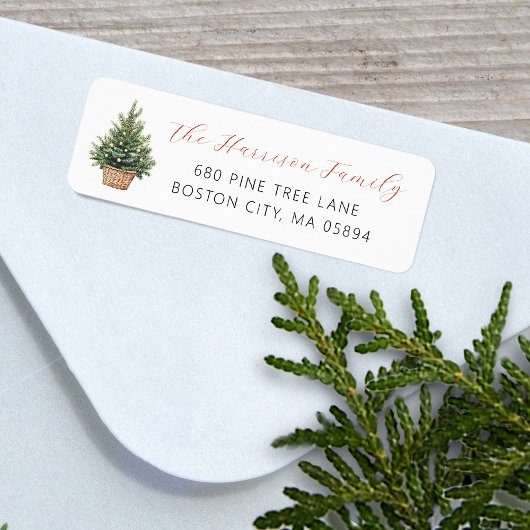 Kerstboom in mand adreslabel etiket