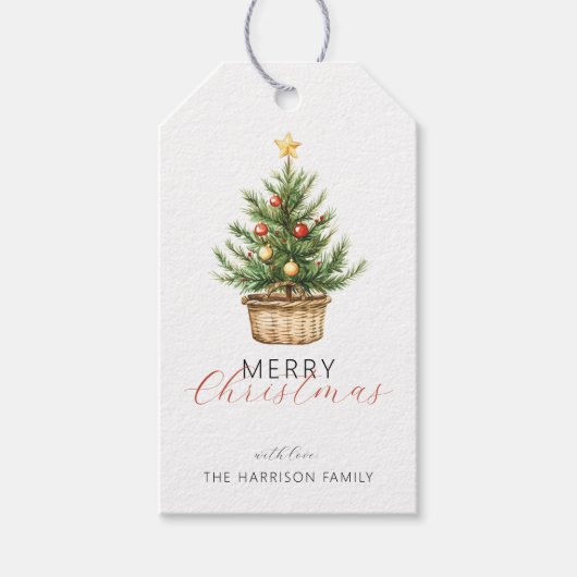 Kerstboom in mand met rustieke uitstraling, gepers cadeaulabel (Voorkant)