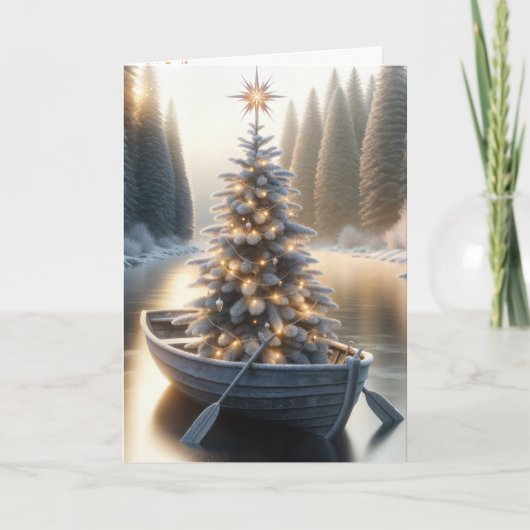 Kerstboom in oude roeiboot feestdagen kaart (Voorkant)