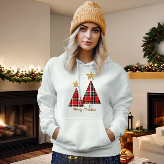 Kerstboom in Red Plaid Gold Star Hoodie