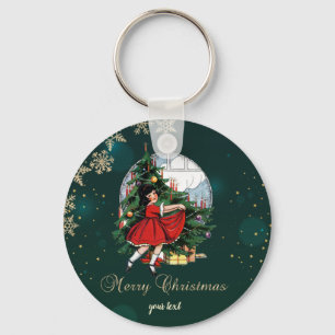 Kerstboom in retro stijl, Meisje met Sneeuwvlokken Sleutelhanger