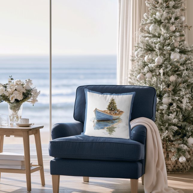 Kerstboom in roeiboot Vakantie Kussen (Coastal Christmas Row Boat Pillow)