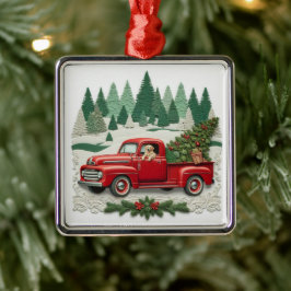 Kerstboom in roestige rode pick-uptruck  metalen ornament