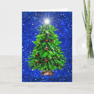 Kerstboom in Sneeuw - Blauwe achtergrond Bedankkaart