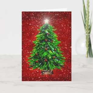 Kerstboom in Sneeuw - Rode achtergrond Bedankkaart