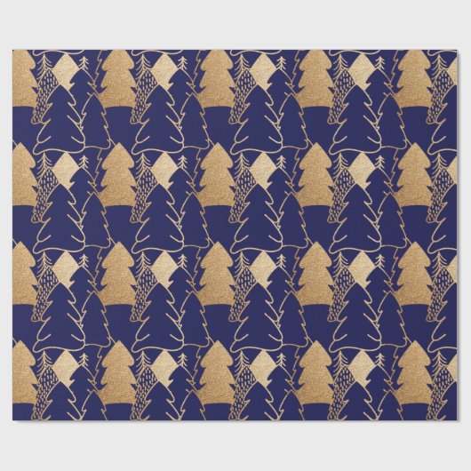 kerstboom Indigo Blue Gold Fancy Glitter Wood Cadeaupapier (Vlak)