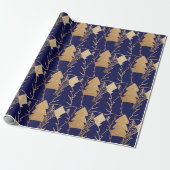 kerstboom Indigo Blue Gold Fancy Glitter Wood Cadeaupapier (Uitgerold)
