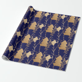 kerstboom Indigo Blue Gold Fancy Glitter Wood Cadeaupapier