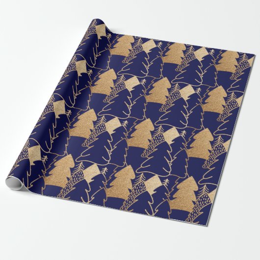 kerstboom Indigo Blue Gold Fancy Glitter Wood Cadeaupapier (Uitgerold)