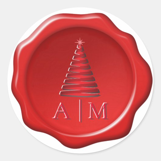Kerstboom & Initialen op Rode Waszegel Sticker (Voorkant)
