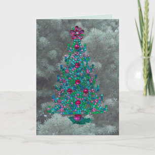 Kerstboom & juwelen zitten tussen pijnboom Kerstka Bedankkaart