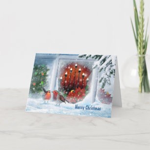 kerstboom, kaarsen, poinsettia en rode robijn feestdagen kaart