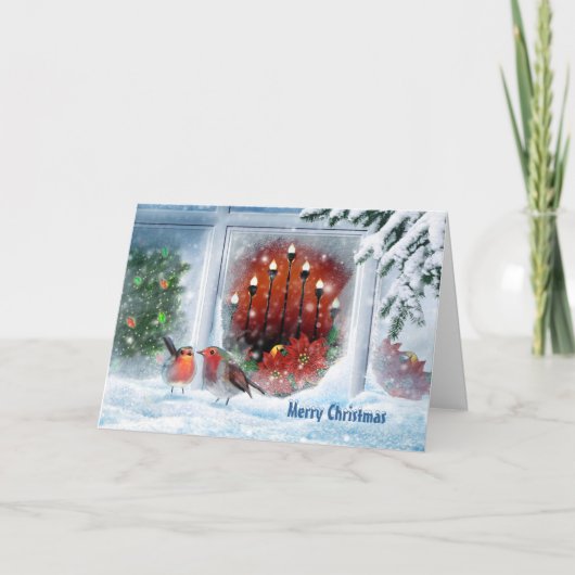 Kerstboom, kaarsen, poinsettia en rode robin feestdagen kaart (Voorkant)
