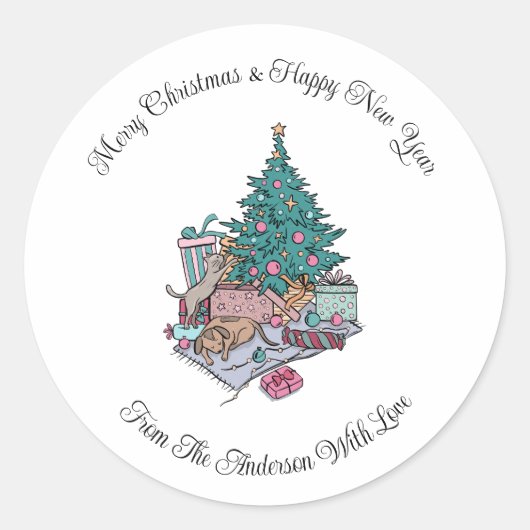 Kerstboom Kat en Hond Xmas Vakantie Gift Ronde Sticker (Voorkant)