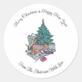 Kerstboom Kat en Hond Xmas Vakantie Gift Ronde Sticker