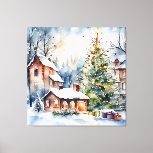 Kerstboom Kerstdorp sneeuwfoto Canvas Afdruk (Voorkant)