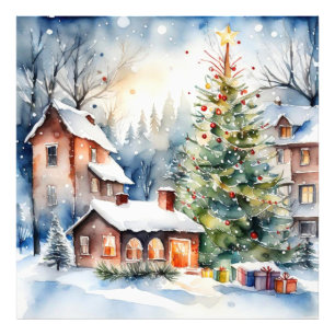 Kerstboom Kerstdorp sneeuwfoto Foto Afdruk