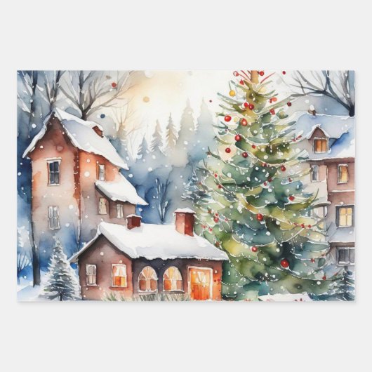 Kerstboom Kerstdorp sneeuwfoto Inpakpapier Vel (Voorkant 3)