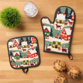 Kerstboom Kerstdorp sneeuwfoto Ovenwant & Pannenlap Set (Top down)