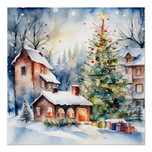 Kerstboom Kerstdorp sneeuwfoto Perfect Poster (Voorkant)