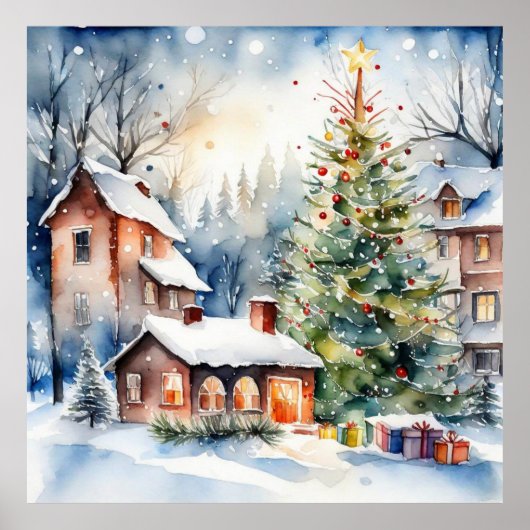 Kerstboom Kerstdorp sneeuwfoto Poster (Voorkant)