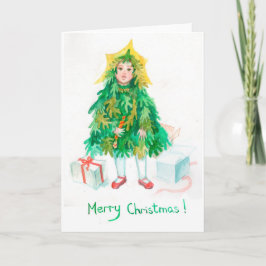 Kerstboom kerstgroeten schattig klein meisje feestdagen kaart